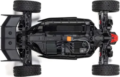 The underside of a black remote-controlled car.