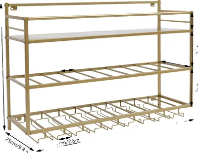 Obrázek produktu pro Vinný regál, nástěnný design, rustikální kovový povrch, zlatá barva