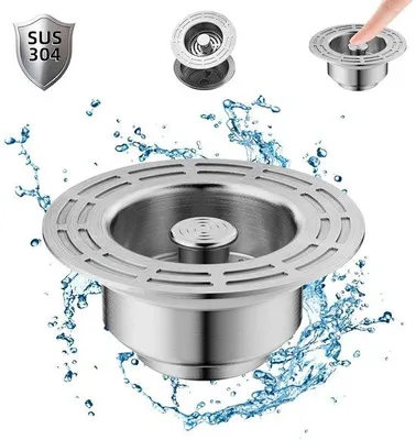 Productafbeelding van Ibenzoa® 3-in-1 roestvrijstalen afvoerstop (SUS304) – Universeel, geschikt voor afvoeren van 71–85 mm, met een diepte van >55 mm, voor spoelbakken en wasbakken met een veermechanisme en een fijnmazig zeefje