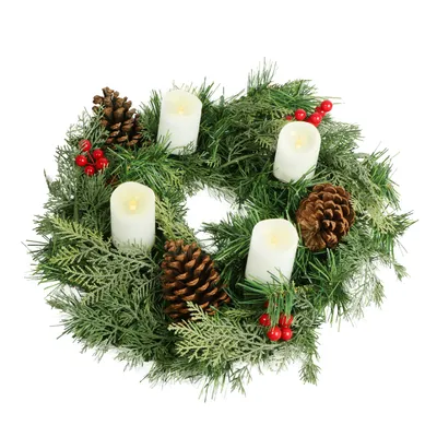 Produktbild von Künstlicher Adventskranz 40 cm mit 4 LED-Kerzen echten Zapfen und roten Beeren geschmückt