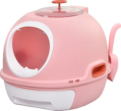 Image de PawHut Bac à litière pour chat maison de toilette portable pour chat tiroir à litière coulissant porte battante lucarne + pelle fournis dim. 47L x 55l x 44H cm rose
