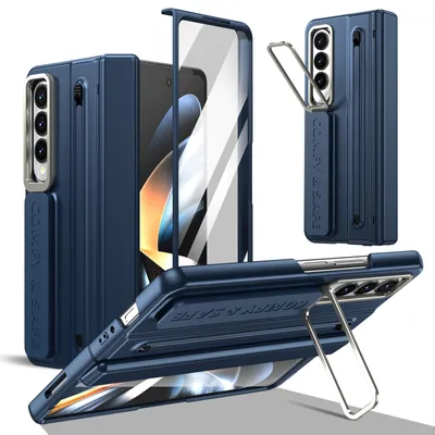 Image de Étui pour Samsung Galaxy Z Fold 3, avec support, protection de charnière, stylet et dragonne, en polycarbonate résistant, de couleur bleue