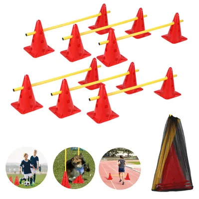 Produktbild von Ikodm 6er Sports Steckhürdenset 12 Kegel + 6 Stangen Agility Hürden Steckhürden Set, Koordinationstraining für Kinder Hunde Teamsport Fussball, Multifunktionskegel