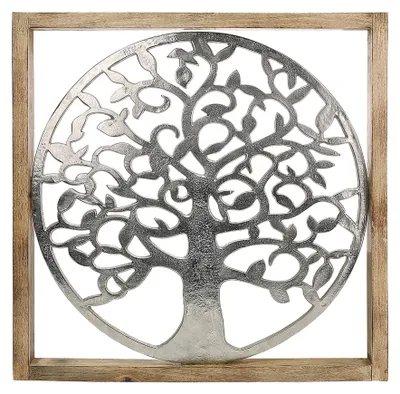 Produktbild von Gilde Wandrelief, quadratisch, "Lebensbaum", Lebensbaummotiv, Aluminium, Mangoholz, naturfarben, silberfarben, VE 1, L. 3.5 cm, B. 60 cm, H. 60 cm 46866 4063387468661