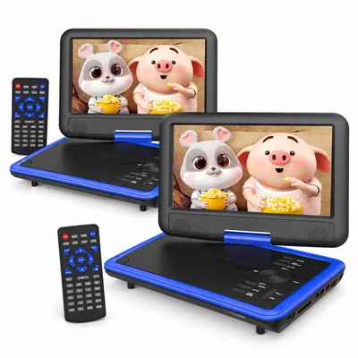 Productafbeelding van 11,5-inch draagbare DVD-speler met 9,5-inch HD-scherm dat kan worden gedraaid, ideaal voor in de auto. Beschikt over een geheugenfunctie voor het hervatten van het afspelen en heeft een batterijduur van 4-6 uur. Ondersteunt geen Blu-ray. 2 stuks