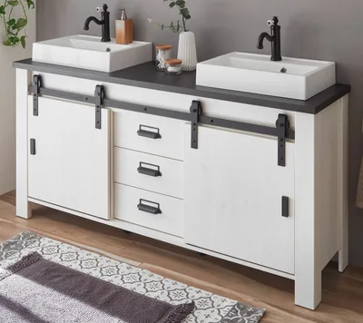 Produktbild von Doppelwaschtisch "Stove" weiß Pinie anthrazit Set inkl. 2x Waschbecken