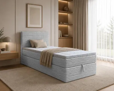 Produktbild von Boxspringbett NESO MINI, Bett mit Cordstoffbezug Einzelbett mit Bonellfederkernmatratze, Bettkasten (90x200, Hellgrau - Tilia 86, topper T25)