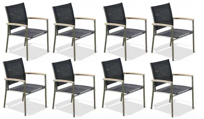 Produktbild von ALEOS. 8er Set Designer Gartensessel mit Armlehne – Edelstahl & A-Grade Teak, Batyline Textilene Sitzflächen, stapelbar, robust – Gartenstuhl, Outdoor, Terrassenstuhl, Gartenmöbel Schwarz wetterfest