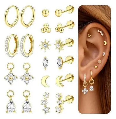 Image de Ensemble de 10 paires de boucles d'oreilles en acier chirurgical 316L, plaqué or 14 carats, pour femmes et hommes. Créoles et clous d'oreilles, adaptés aux piercings multiples