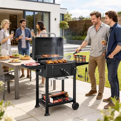 Imagen del producto de Parrilla de carbón Sweiko con cubierta, termómetro, altura ajustable, bandeja para carbón, chimenea, rejilla para asar, mesa lateral y compartimento para cenizas