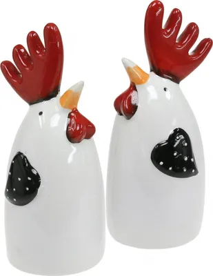 Produktbild von Keramik Huhn Rot Weiß Hahn Tischdeko Set 2 Stück Osterdeko Figuren