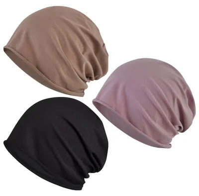 Produktbild von 3er Pack Beanie Mützen Damen Herren Dünne Baumwolle Schlafmütze Braun Schwarz Lila