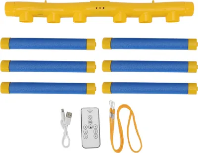 A collection of items for a hand speed challenge game, including a yellow base unit, blue foam sticks, a remote control, and a USB cable.