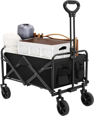 Produktbild von Faltbarer Handwagen für Garten, Strand und Camping – klappbarer Bollerwagen mit Gummirädern, verstellbarem Griff, 2 Getränkehaltern und einer Tragkraft bis zu 80kg