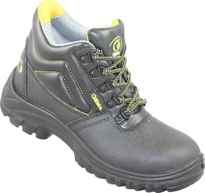 A black safety boot with yellow accents and laces, shown against a white background.