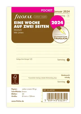 Produktbild von FILOFAX Kalendereinlage 2024 Pocket 1 Woche / 2 Seiten (D) Baumwolle creme 24-68258