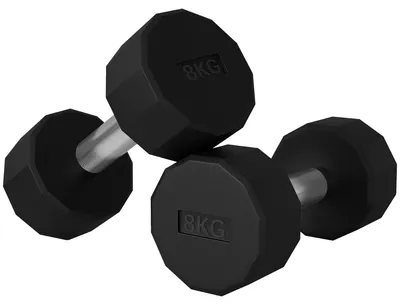 Produktbild von Set mit 2 12-seitigen 8-kg-Hanteln aus Metall und Gummi mit rutschfestem Griff, 26 x 12 x 12 cm, Schwarz