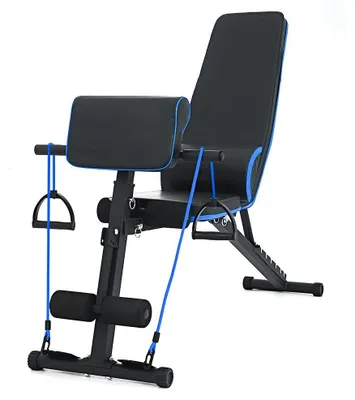 Image de Banc d'haltères réglable en acier bleu, avec 7 positions d'inclinaison du dossier et une limite de poids de 120 kg, idéale pour l'entraînement à domicile