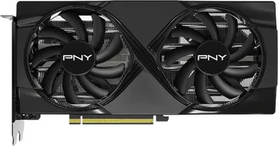 A black graphics card with two fans is shown against a black background.