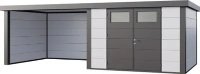 Produktbild von Telluria Metallgerätehaus Classico 3330 mit Lounge Anbau (ca. 450 cm Breite) weiß Lounge-Anbau links
