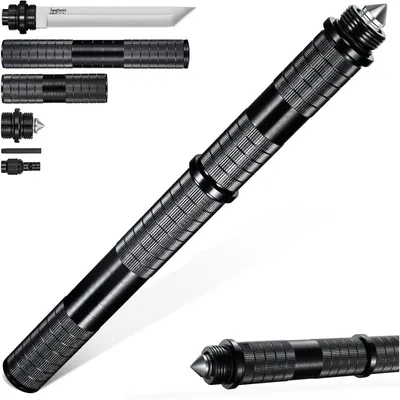 Zdjęcie produktu dla Nóż survivalowy 5 w 1, nóż myśliwski outdoor, stal D2, nóż bushcraft, wielofunkcyjny kij z gwizdkiem, tłuczek do szyb, czarny, kształt Tanto
