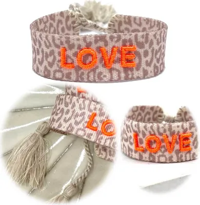 Produktbild von LS-LebenStil Canvas Statement Armband Love Leopard Orange besticktes Stoffarmband gewebt textiles Quasten Spruch Boho Geschenk Freundschaftsarmband