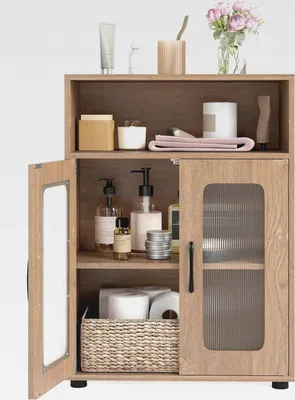 Produktbild von Badezimmerschrank, freistehender Badschrank mit 2 Türen & 3-stufig verstellbarem Regal, Aufbewahrungsschrank mit offenem Fach & erhöhten Beinen, für Wohnzimmer, Badezimmer, Küche (Natur)
