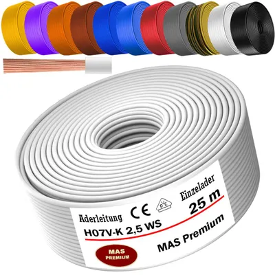 Immagine prodotto di Cavo di alimentazione da 25 metri, tipo H07 V-K, guaina in PVC, colore bianco, con un singolo conduttore flessibile da 2,5 mm²