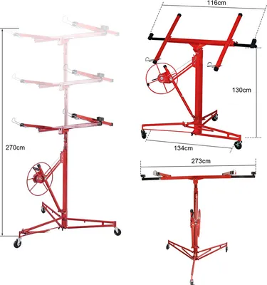 Produktbild von Fiqops Plattenheber Panelheber, 140x140x140 cm, Arbeitshöhe 140-350 cm, Tragkraft 68 kg, Einmannbedienung, für Rigips-, Gipskarton-, Spanplatten, Holz- & Metallpaneelen sowie Deckenbeplankungen, zerlegbar, ausziehbar 290 cm, 90 cm Stützbreite