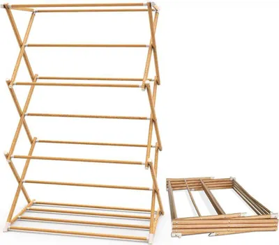 Produktbild von VOUNOT® Klappbarer Wäscheständer, ausziehbarer Turmwäscheständer, platzsparender Standtrockner mit 3 Ebenen, aus Metall, Holzoptik