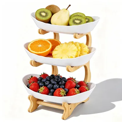 Produktbild von Omgoods - 3-stöckige Bambus-Obstschale mit weißem Korb