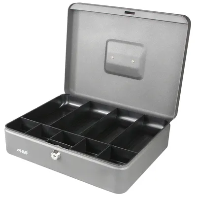 Produktbild von HMF Geldkassette, silber, 30 x 24 x 9 cm, herausnehmbarer Münzeinsatz (5 Euro-Münzfächer, 4 Geldscheinmulden), Sicherheitszylinderschloss inkl. 2 Schlüsseln, einliegender Griff, kratzfeste Pulverbeschichtung, Stahlblech, Modell 10019-09, 1.9 kg