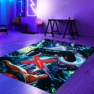 Produktbild von Auffälliger Gaming-Teppich mit lebendig-bunten neon-farbigen Symbolen und schwebendem Controller Größe - 50 x 90 cm