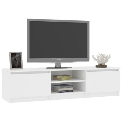 A white TV stand with a television on top, a framed picture on the left, and a decorative coral on the right.