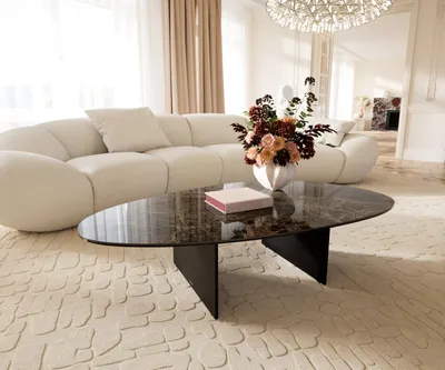 Produktbild von DELIFE Couchtisch Edge Oval 140x75 cm Keramik Emperador Extra Lucidato Dunkelbraun Salto Metall Schwarz
