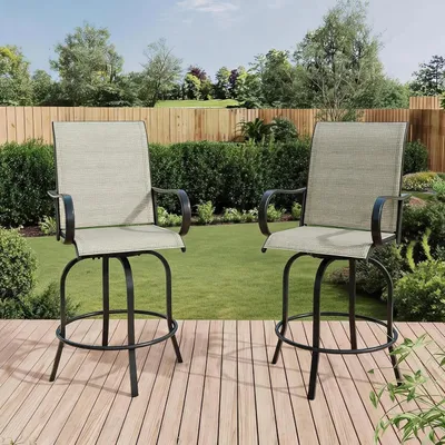 Produktbild von 2er-Set Outdoor-Barhocker - Drehbar - Textilene-Gewebe - Hohe Rückenlehne und Armlehnen - Wetterfest - Gepolstert - Hellgrau