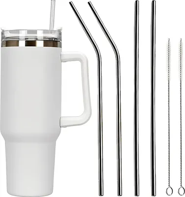 Produktbild von Doppelwandige Edelstahl-Kaffeetasse für heiße und kalte Getränke mit Strohhalm - Hellblau
