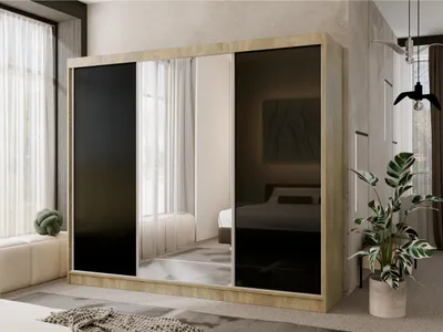 Zdjęcie produktu dla Szafa przesuwna 250 cm Lake z lustrem, szafa do sypialni z drzwiami przesuwnymi, trzydrzwiowa szafa przesuwna, Szerokość: 250 cm, Kolor: dąb sonoma, Kolor szkła: czarny