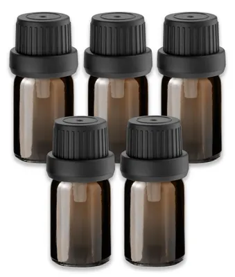 Produktbild von 5x Braunglasflasche 5 ml mit schwarzem Tropfer Tropfeinsatz UV-Schutz