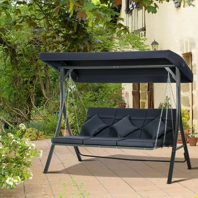 Produktbild von Hollywoodschaukel 3-Sitzer mit Sonnendach, Gartenschaukel Eisen Texteline Polyester, Dunkelblau | 198x118x168 cm | bis 250 kg | UV-Schutz verstellbar