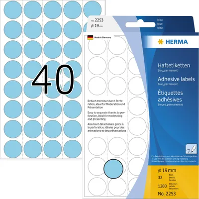Produktbild von Vielzwecketiketten blau Ø 19 mm rund Papier matt Trägerpapier perforiert 1280 St.