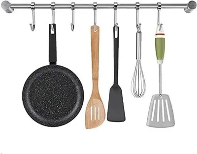 Produktbild von Küche Hakenleiste Edelstahl Küchenleiste Küchenreling Hängeleiste mit beweglichen 7 Haken Küchenhelfer Küchenstange mit Haken Hängeleiste Küchenutensilienhalter für Küche Bad Wohnzimmer Wandgarderoben und Haken Wandgarderoben und Haken