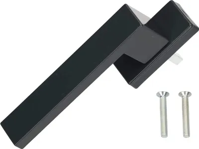 A black aluminum window handle and two silver screws on a white background.