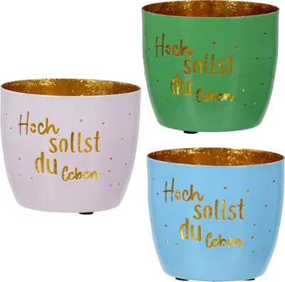 Produktbild von Gilde Windlicht, "Hoch sollst du leben", Spruch, Metall, blau, grün, rosa, H. 8 cm, D. 10 cm 58860 4063387588604 3 Stück (3-fach sortiert)