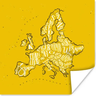 Produktbild von MuchoWow® Poster Karte - Europa - Gelb - Weiß 50x50 cm - Wohnzimmerdekoration