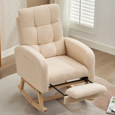 Produktbild von MODFU Schaukelstuhl mit versteckter Fußstütze,Relaxsessel mit Seitentaschen,Schaukelsessel mit hoher Schaumstoffpolsterung und Massivholzgestell,Beige