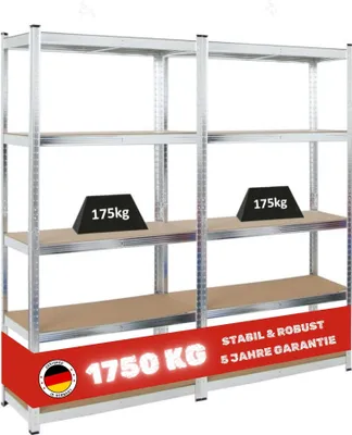 Produktbild von Mega Deal 2x Kellerregal GORILLA | HxBxT 180x90x40cm | Fachlast 175kg | Verzinkt | Garagenregal Schwerlastregal Werkstattregal Lagerregal Steckregal