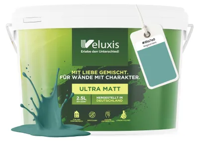 Produktbild von Wandfarbe Grün Türkis Petrol Matt Innenfarbe – Deckkraft Klasse 1, VOC-frei, Ohne Grundierung, Tropfarm – Wohnzimmer & Schlafzimmer – 2,5L – Veluxis (Magical Mint)
