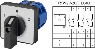 A rotary switch with a diagram showing its wiring configuration.