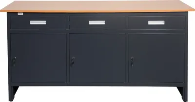 Produktbild von Jet-Line Werkbank Schreibtisch Metallschreibtisch pulverbeschichtet Tischplatte Holzoptik Meisterschreibtisch Werktisch Schubfächer Subladen Regal Flügeltüren Türen Stauraum Organizer 'Grosny' dunkelgrau